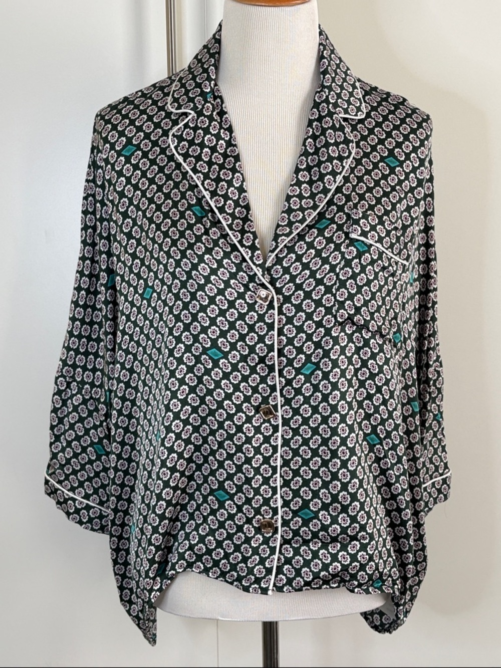 Maje Green & White Satin Button-Down Floral Print Blouse with Teal Accents | 3